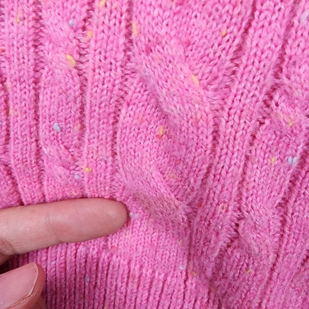 Talbots Sweater Womens XL Pink Confetti Cable Knit Crewneck Button Cuff Pullover - Picture 2 of 11